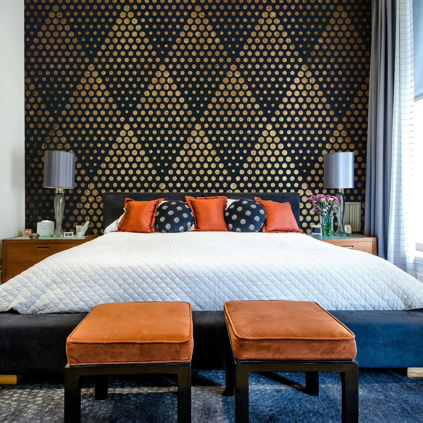 Symmetrical and repeating design like a kaleidoscope.
