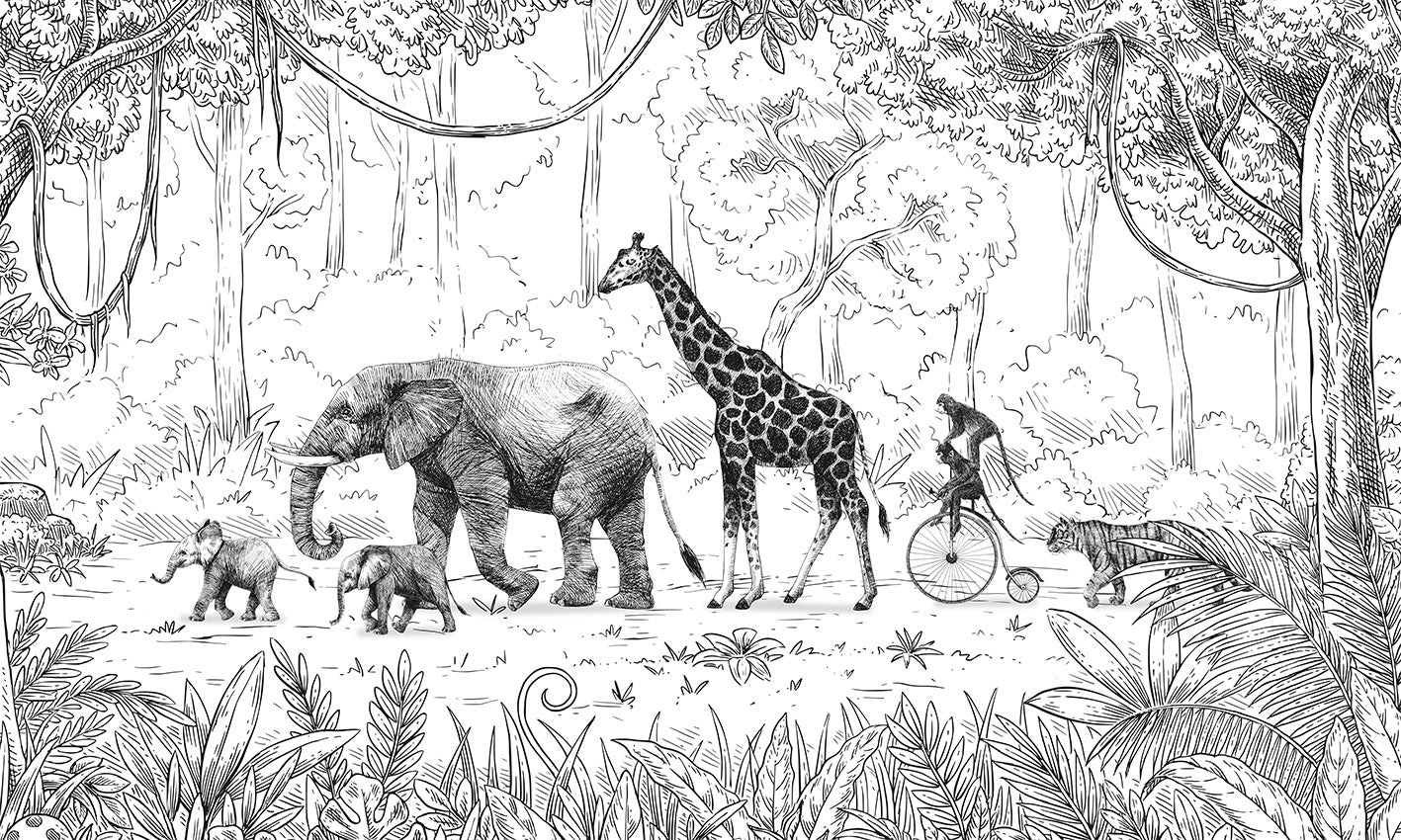 Animal Parade Black and White Wall Mural