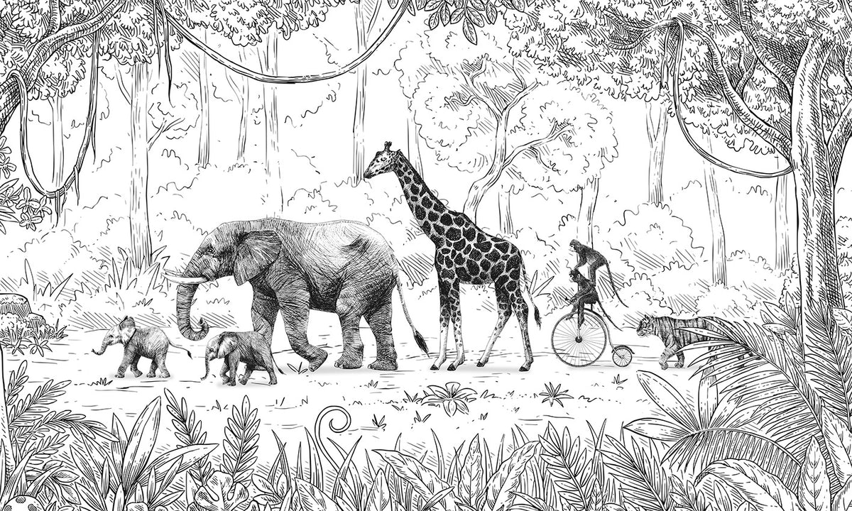 Animal Parade Black and White Wall Mural in your room — zoomed