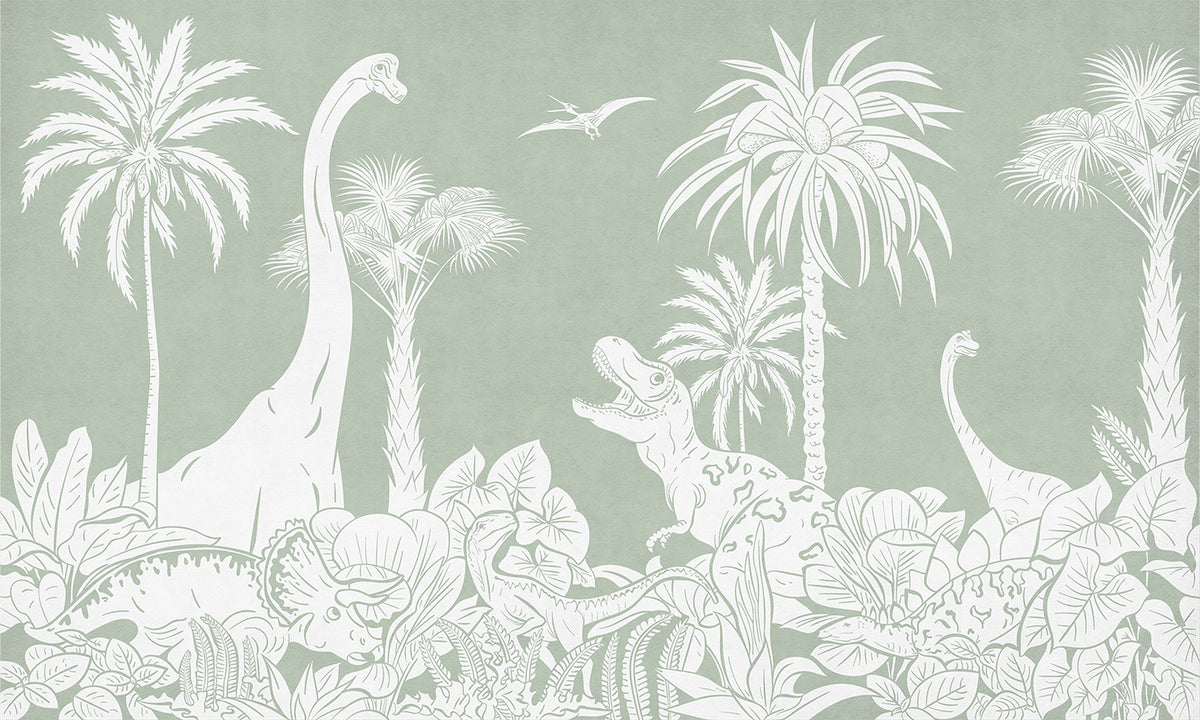 Monochrome Dino Green Wall Mural in your room — zoomed