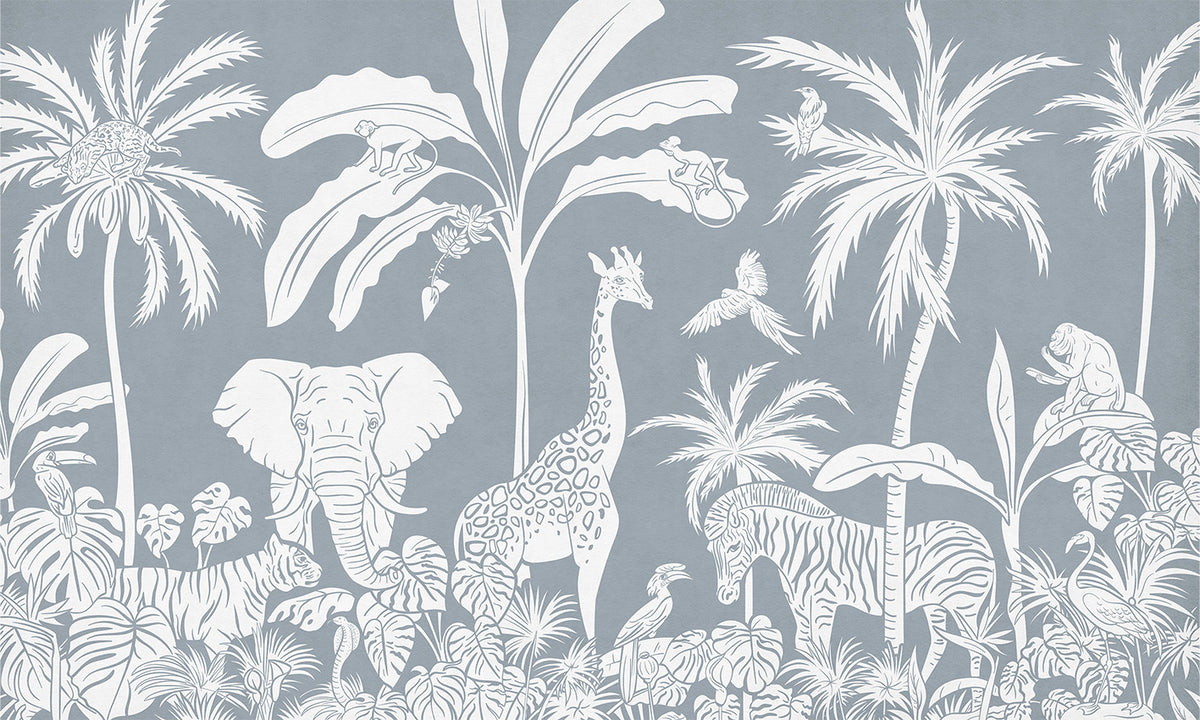 Monochrome Jungle Blue Wall Mural in your room — zoomed