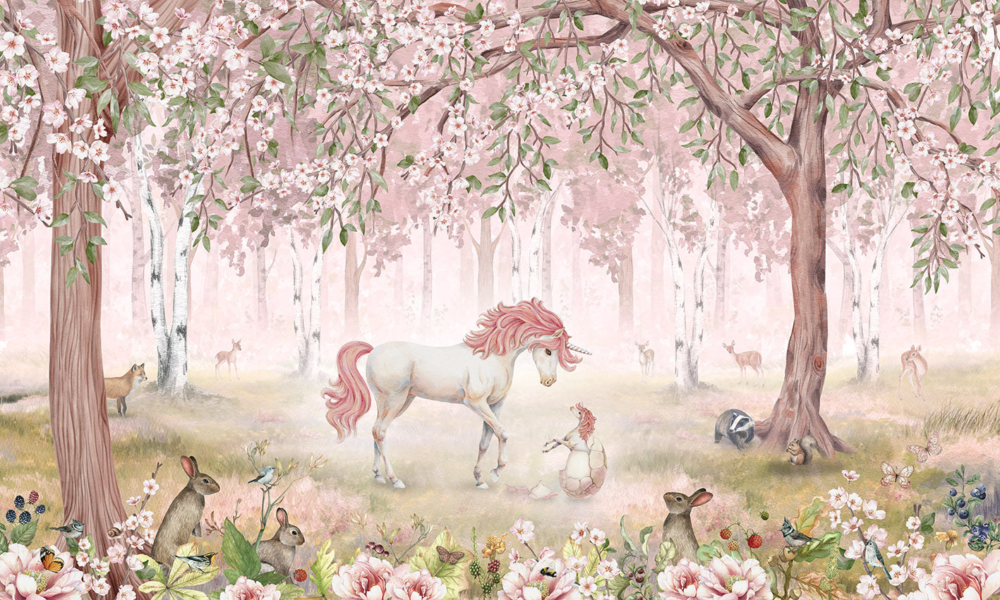 Unicorn Forest Pink Wall Mural in your room — zoomed