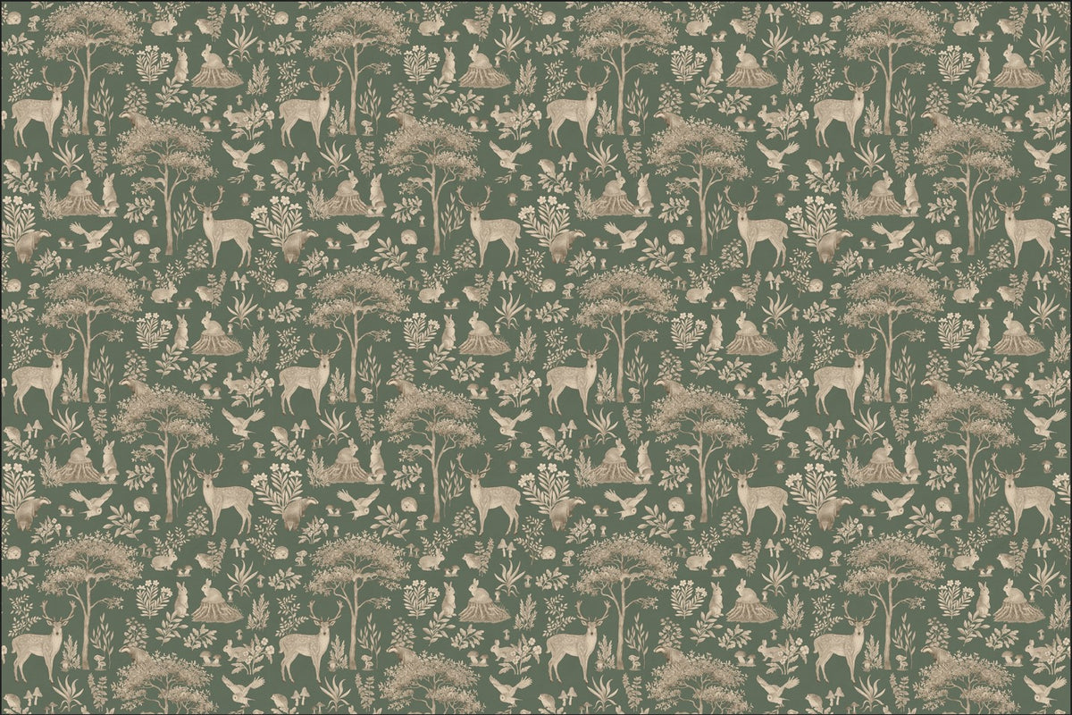 Vintage Green Wildlife Wallpaper in your room — zoomed
