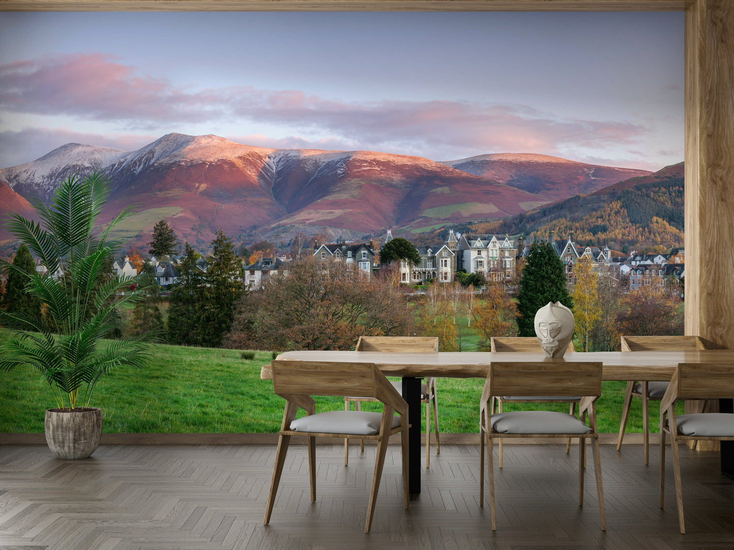 A beautiful serene Keswick wallpaper mural with a sunrise.

