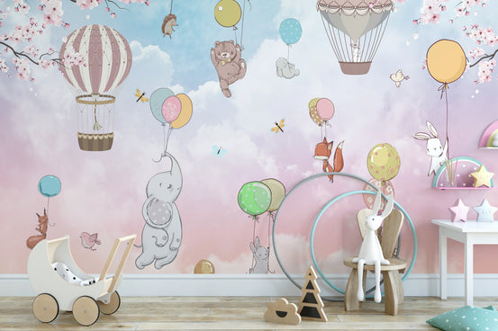 Kids Animals Hot Air Balloon wallpaper mural shown as a full feature wall that highlights the design