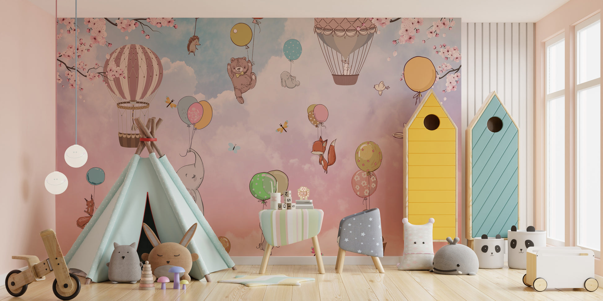 Fun kids’ wallpaper with animal balloons
