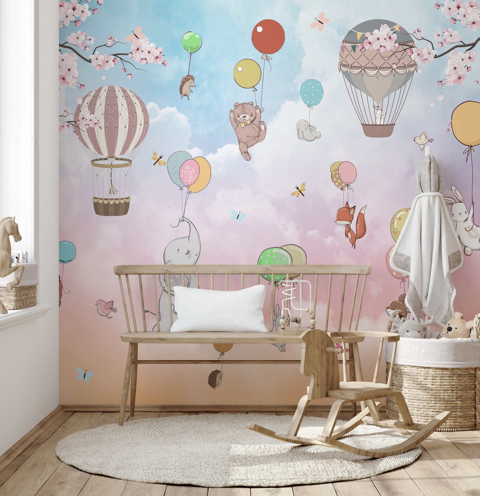 Animals in hot air balloons wall mural design

