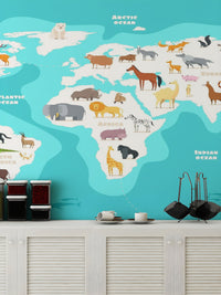 Wildlife Animals on Global Map Wall Mural
