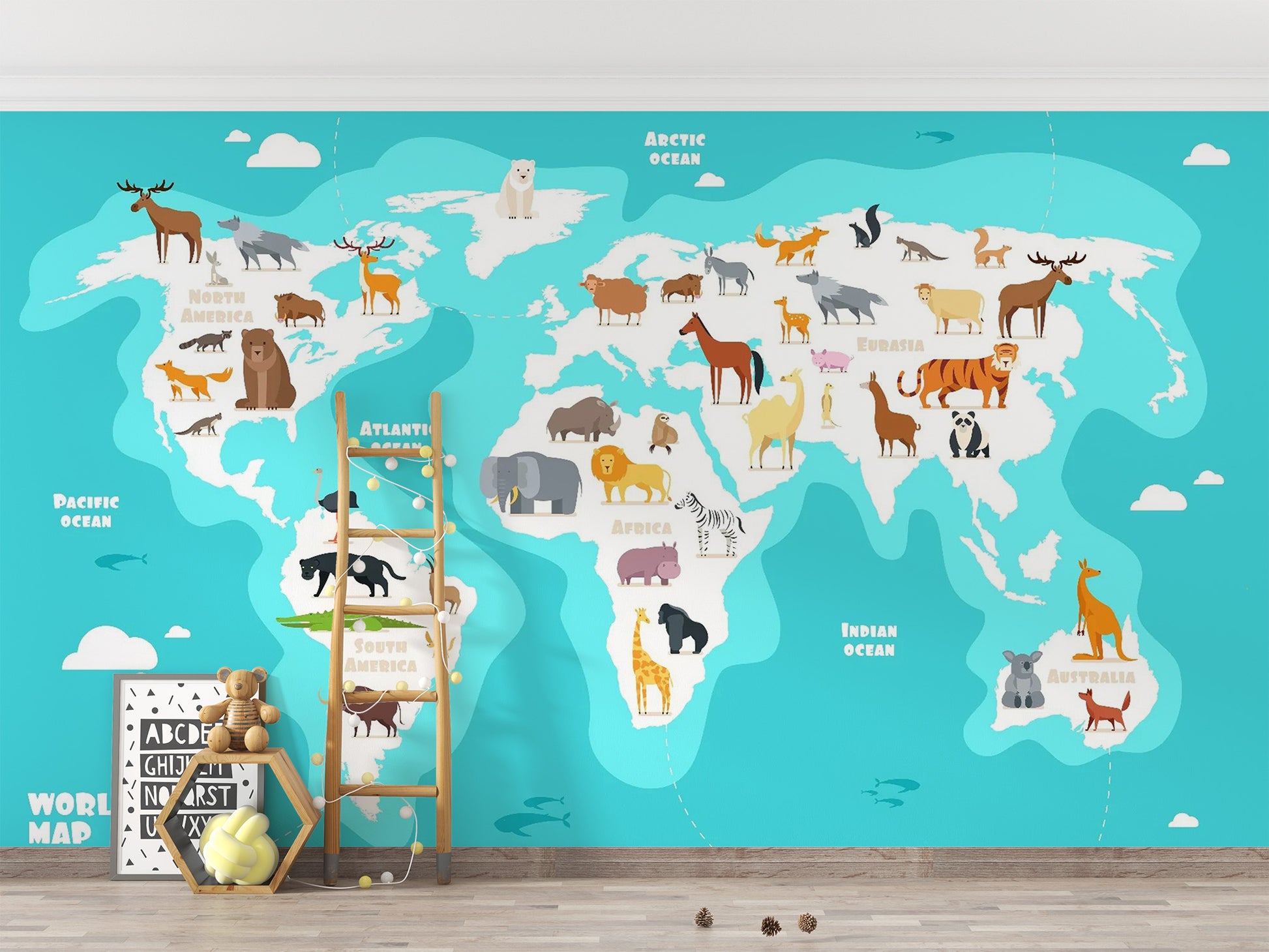 Animals of the World Map Wallpaper Design
