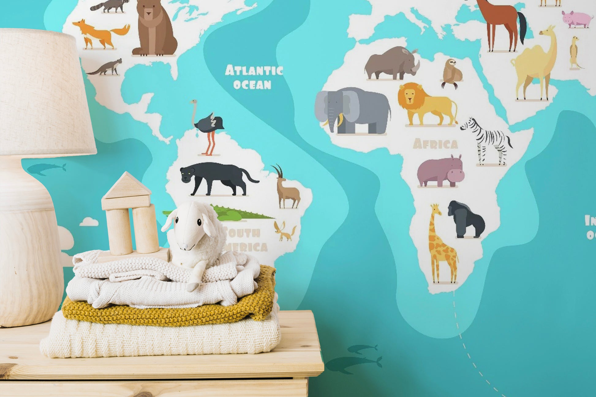 Wildlife-Themed World Map Wall Mural
