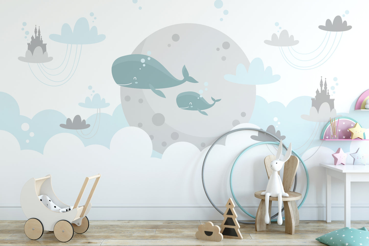Castle and whale wallpaper design
