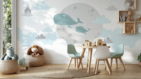 Soft pastel sky whale mural design
