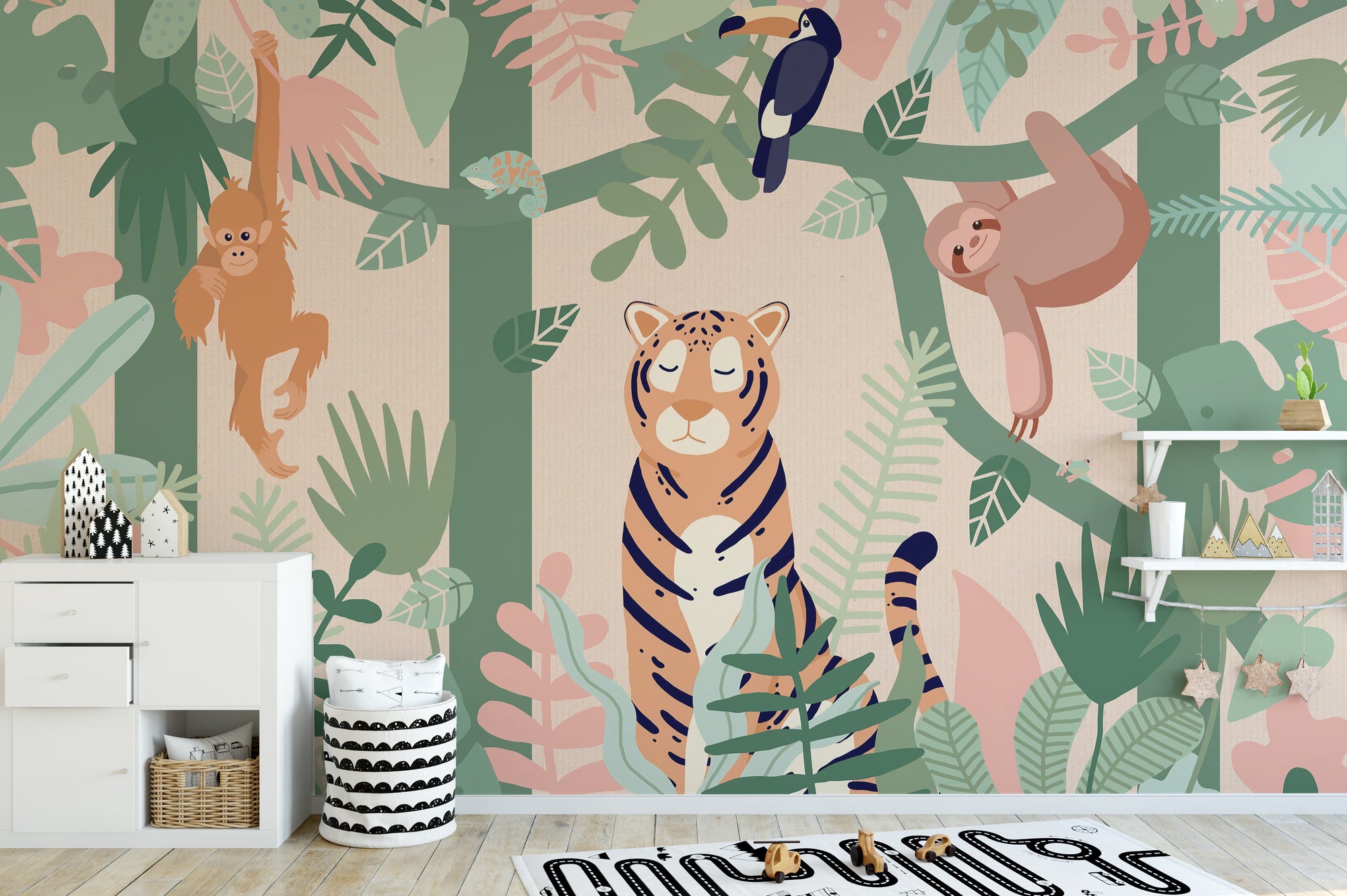 Kids Jungle animal friends wallpaper mural shown as a full feature wall that highlights the design