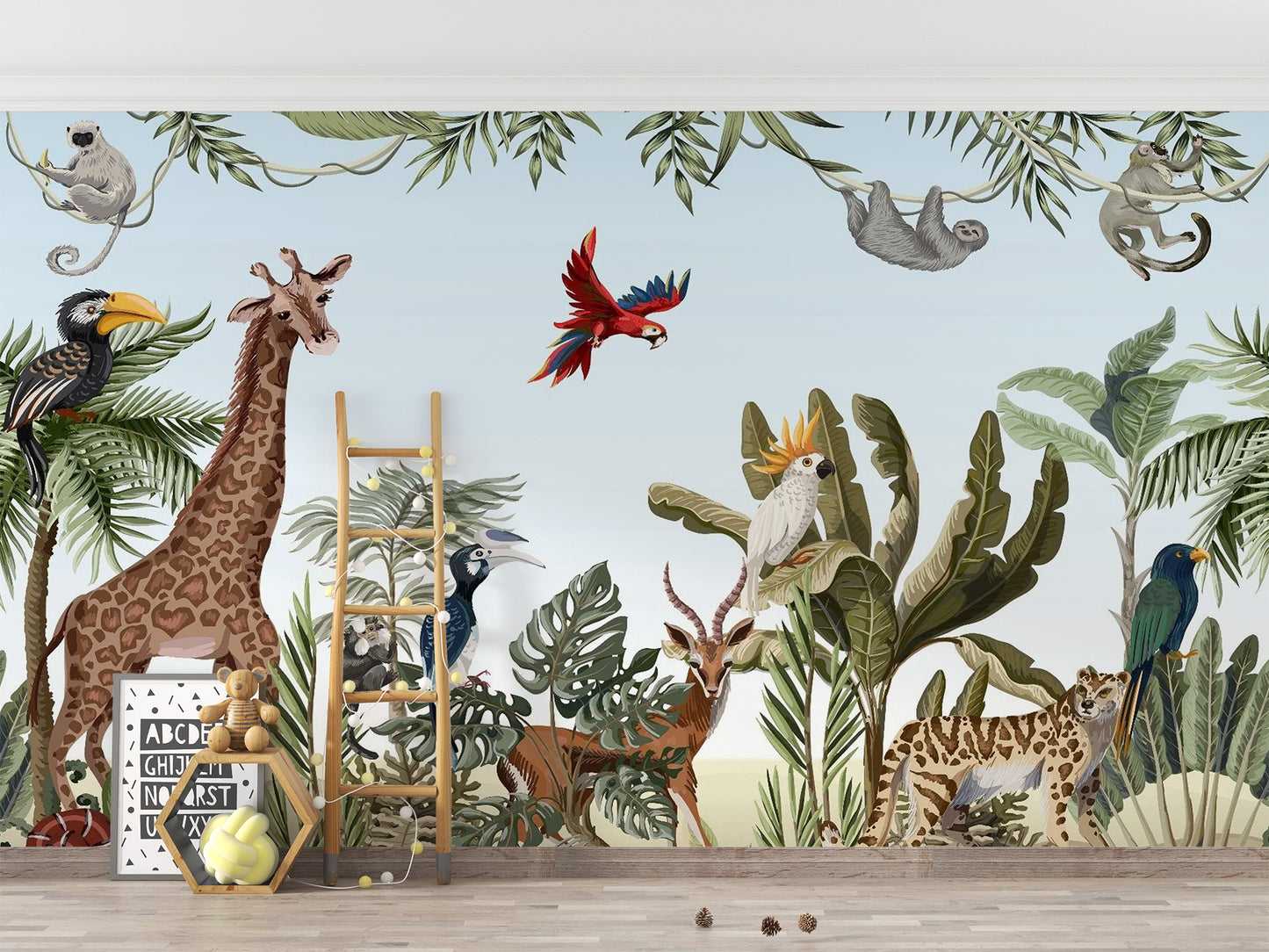 Jungle safari mural for kids with colorful animal illustrations.