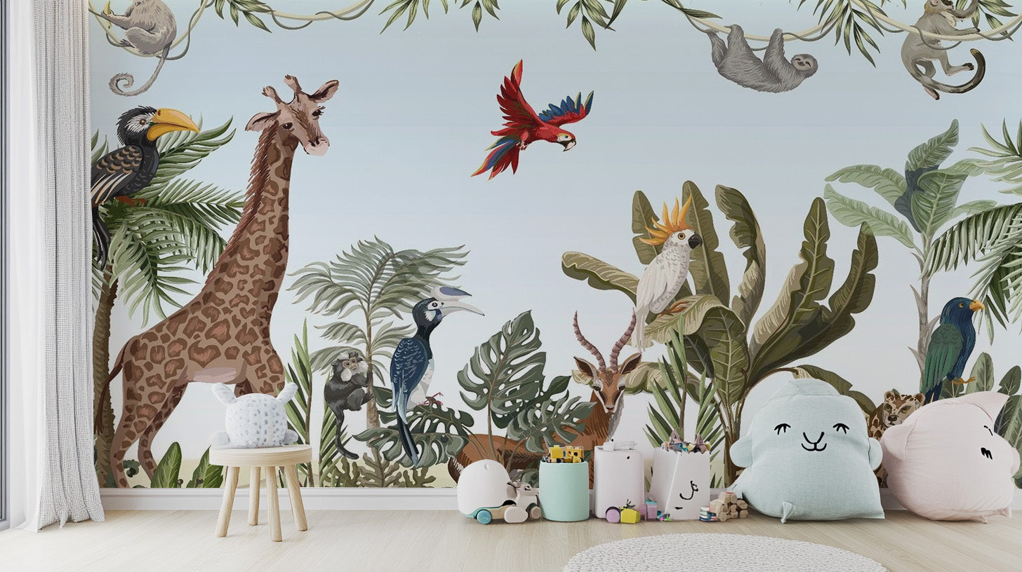 Playful kids' jungle safari wallpaper mural with exotic animals.
