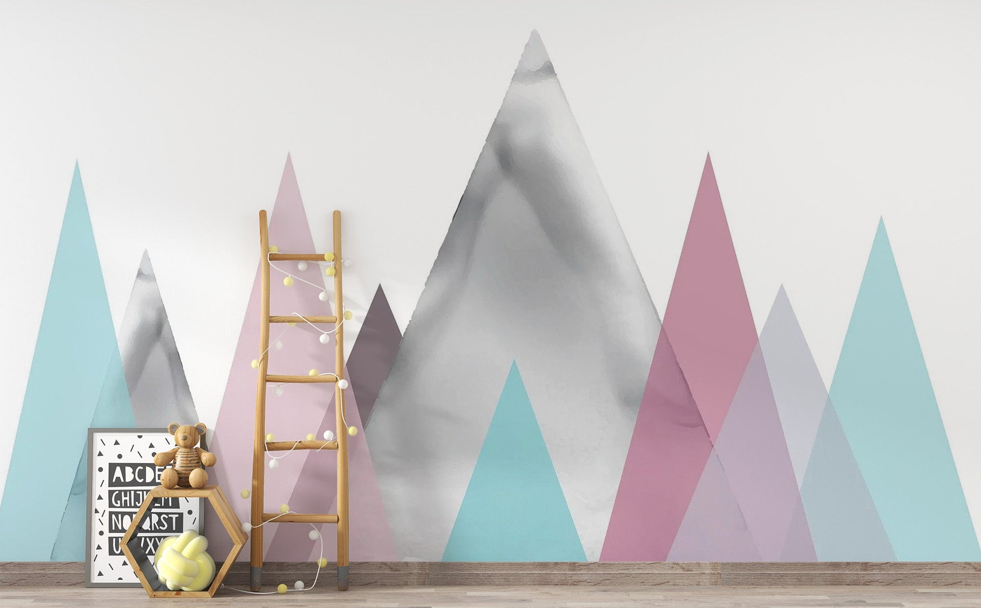 Nature-inspired wallpaper mural with simplified geometric mountain shapes.