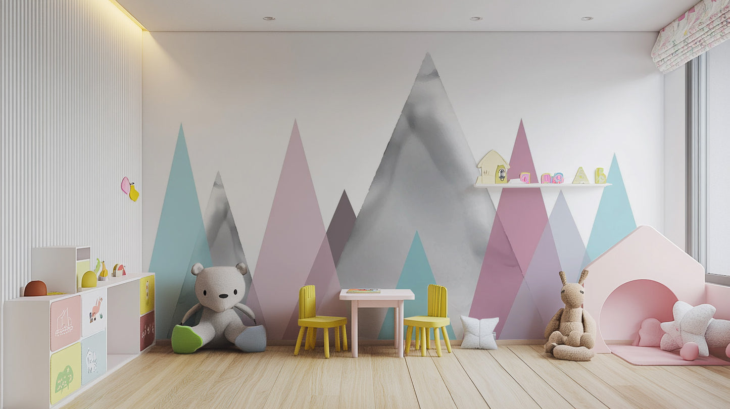Gender-neutral wall mural showing layered pastel mountains and small clouds.