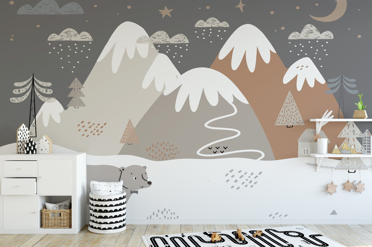 Starry winter night with bear wallpaper art
