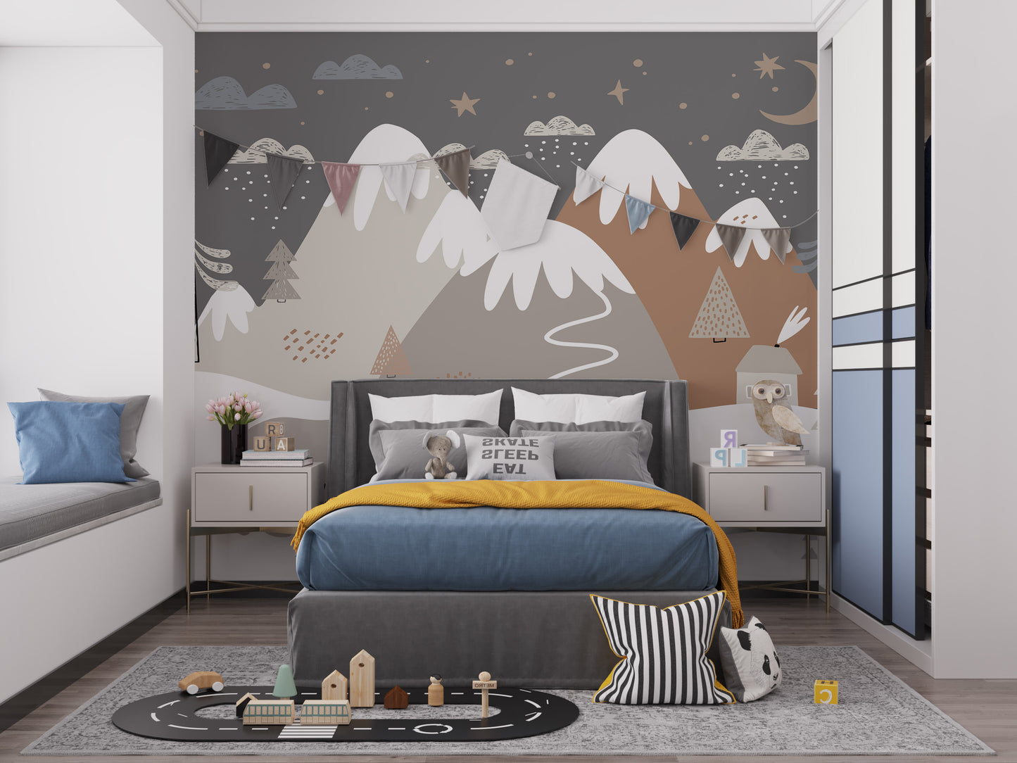 Playful bear mural with snowy landscape
