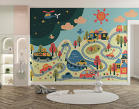 Colorful bustling city wallpaper for kids
