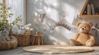 Jurassic Landscape wallpaper mural with a stegosaurus beside a large teddy bear and toy basket in a sunlit nursery