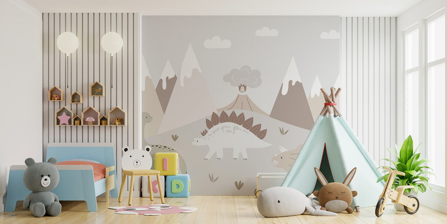Jurassic Landscape wallpaper mural with stegosaurus, volcano and mountains in a kids room with a blue bed and teepee