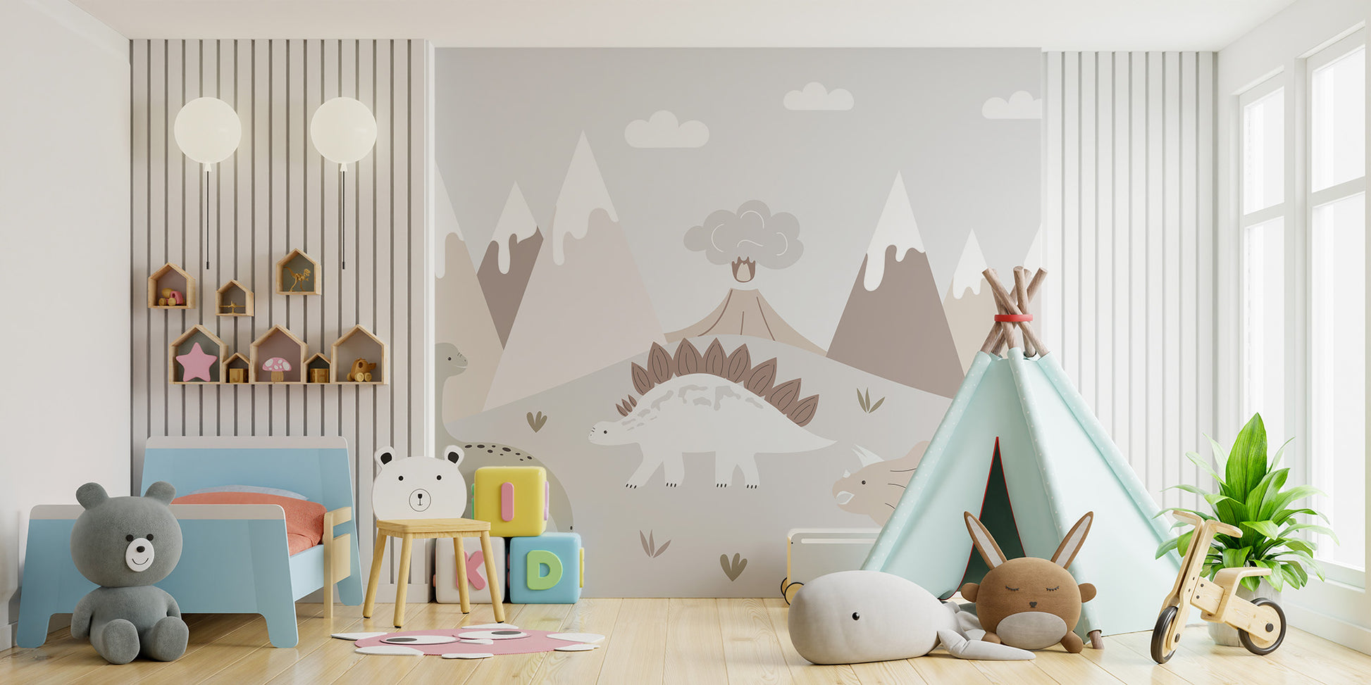 Jurassic Landscape wallpaper mural with stegosaurus, volcano and mountains in a kids room with a blue bed and teepee