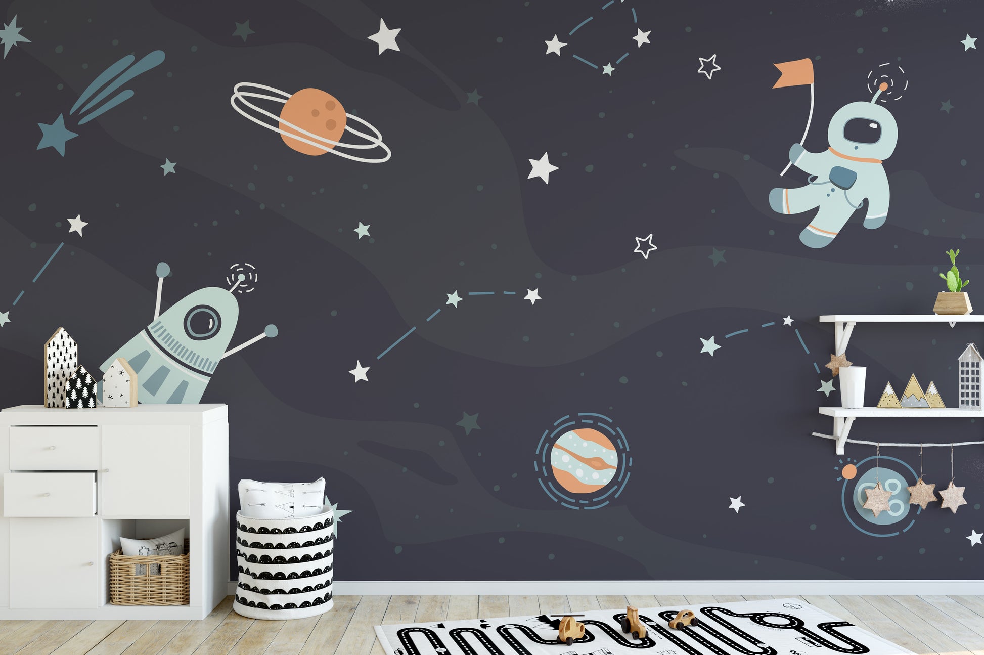 Kid-friendly starry wallpaper with spaceships