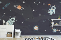 Kid-friendly starry wallpaper with spaceships