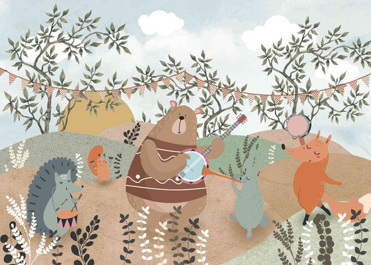 Enchanted Forest Party Wall Mural with whimsical woodland creatures wallpaper.
