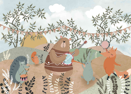 Enchanted Forest Party Wall Mural with whimsical woodland creatures wallpaper.