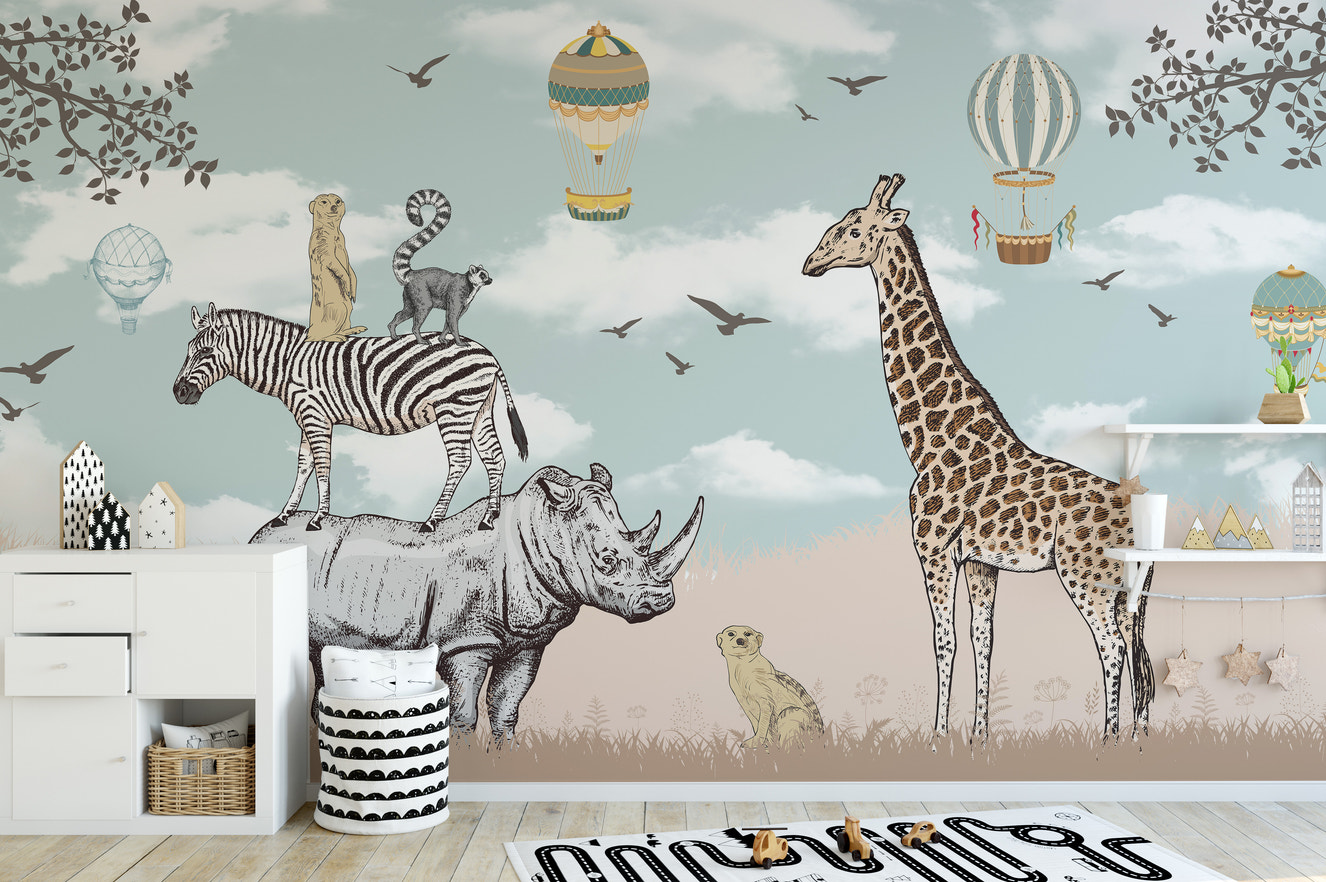 Playful savannah animal mural for children
