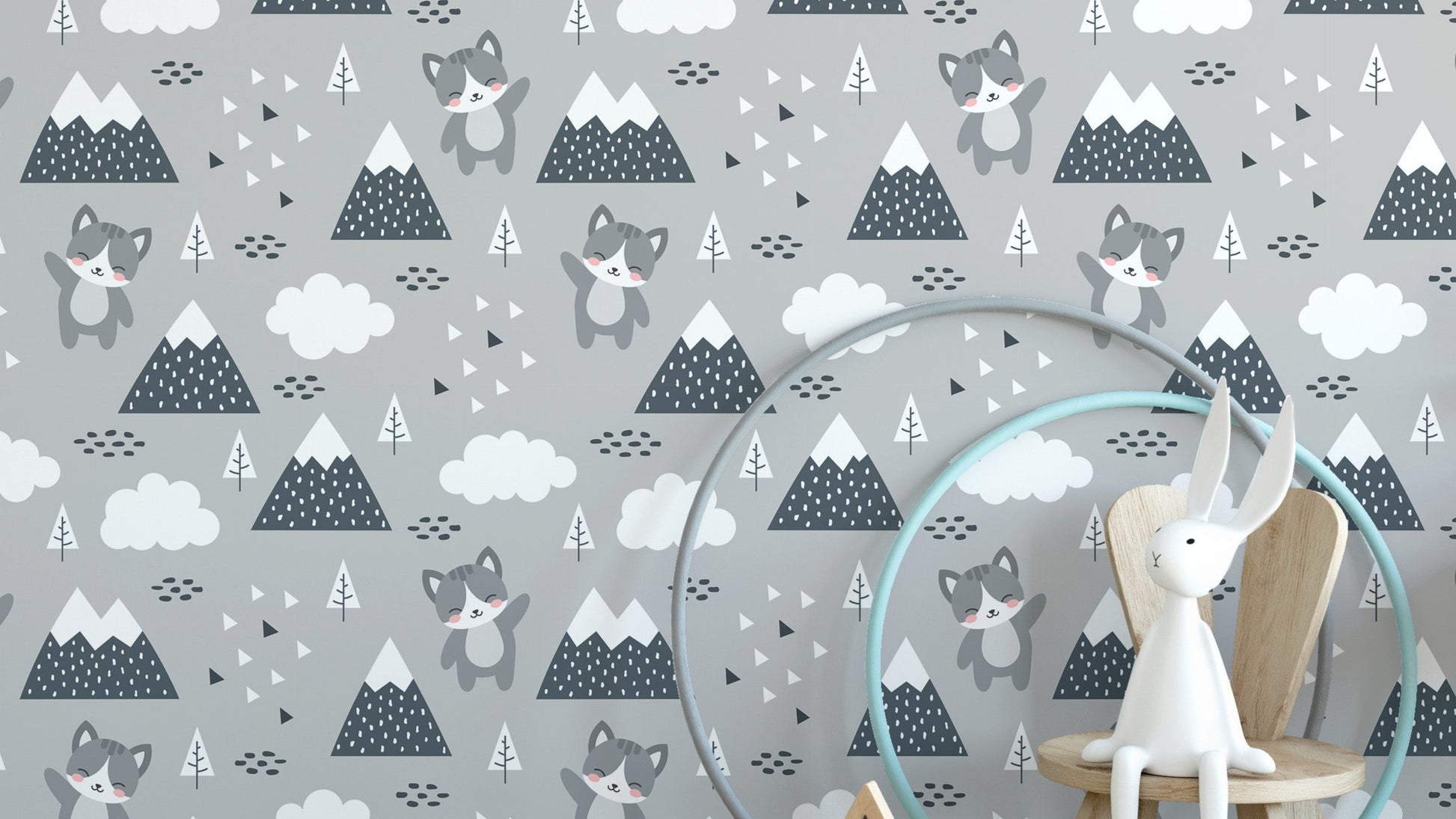 Cute kitty in forest-themed wallpaper mural