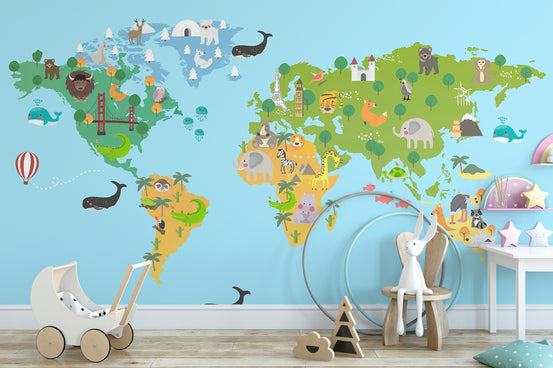 Kids World Map Animal wallpaper mural shown as a full feature wall that highlights the design