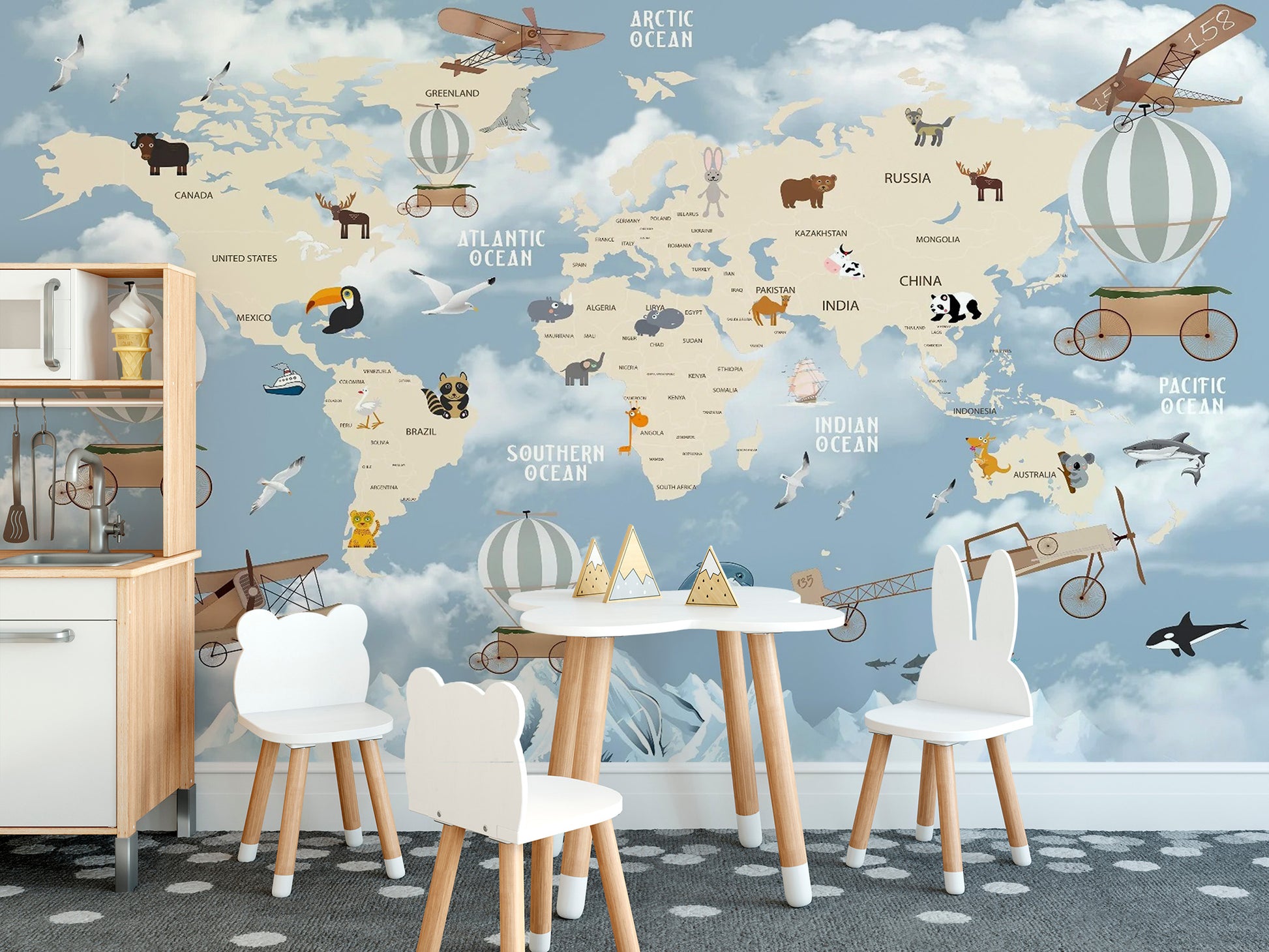 Children Room Wonderland World Map wallpaper mural styled along a hallway feature wall near a console in blue tones