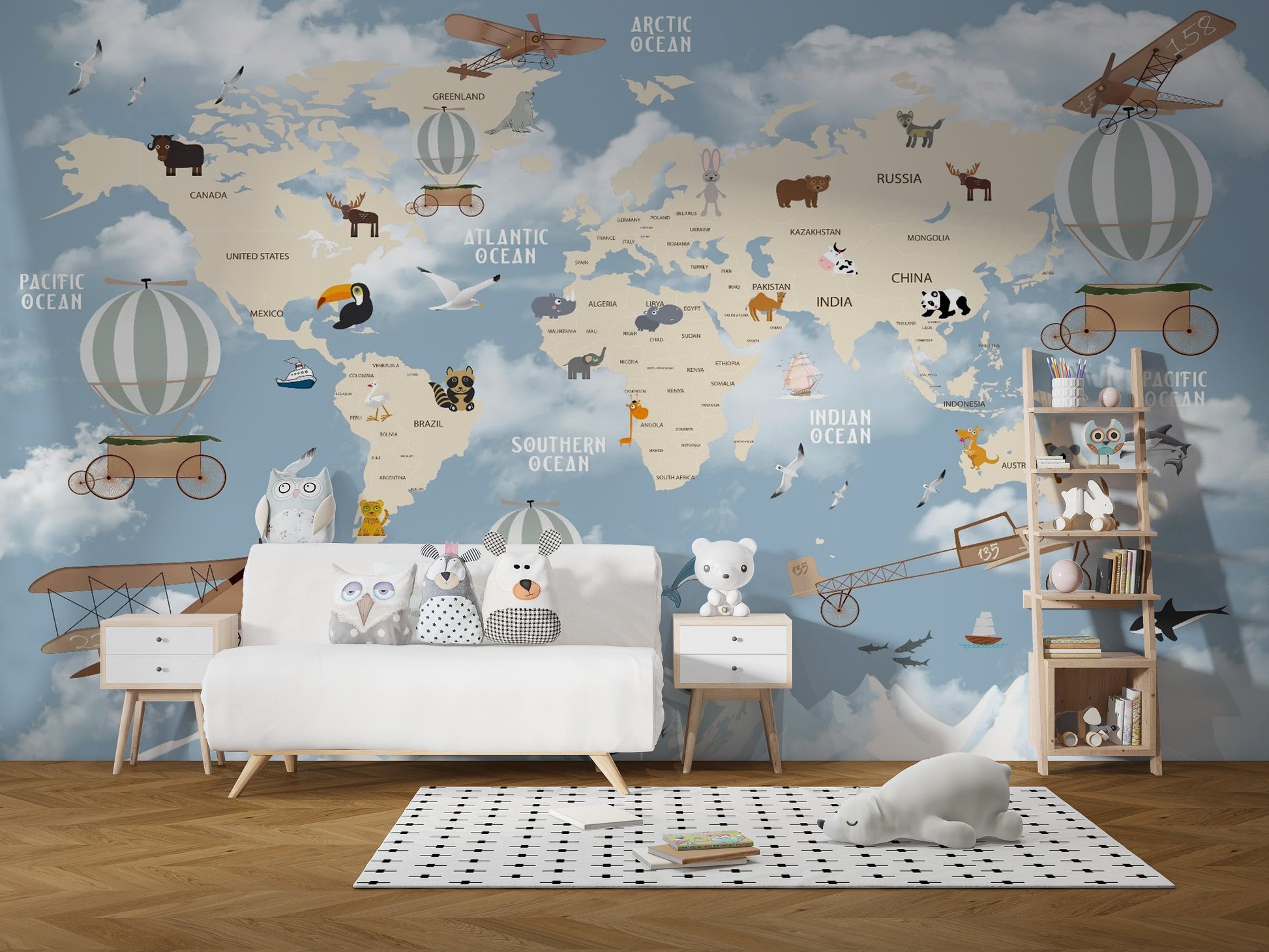 Children Room Wonderland World Map wallpaper mural as a feature wall in a home office workspace in blue tones