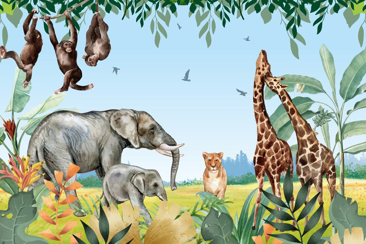African Safari Jungle Animals Wallpaper Mural in your room — zoomed