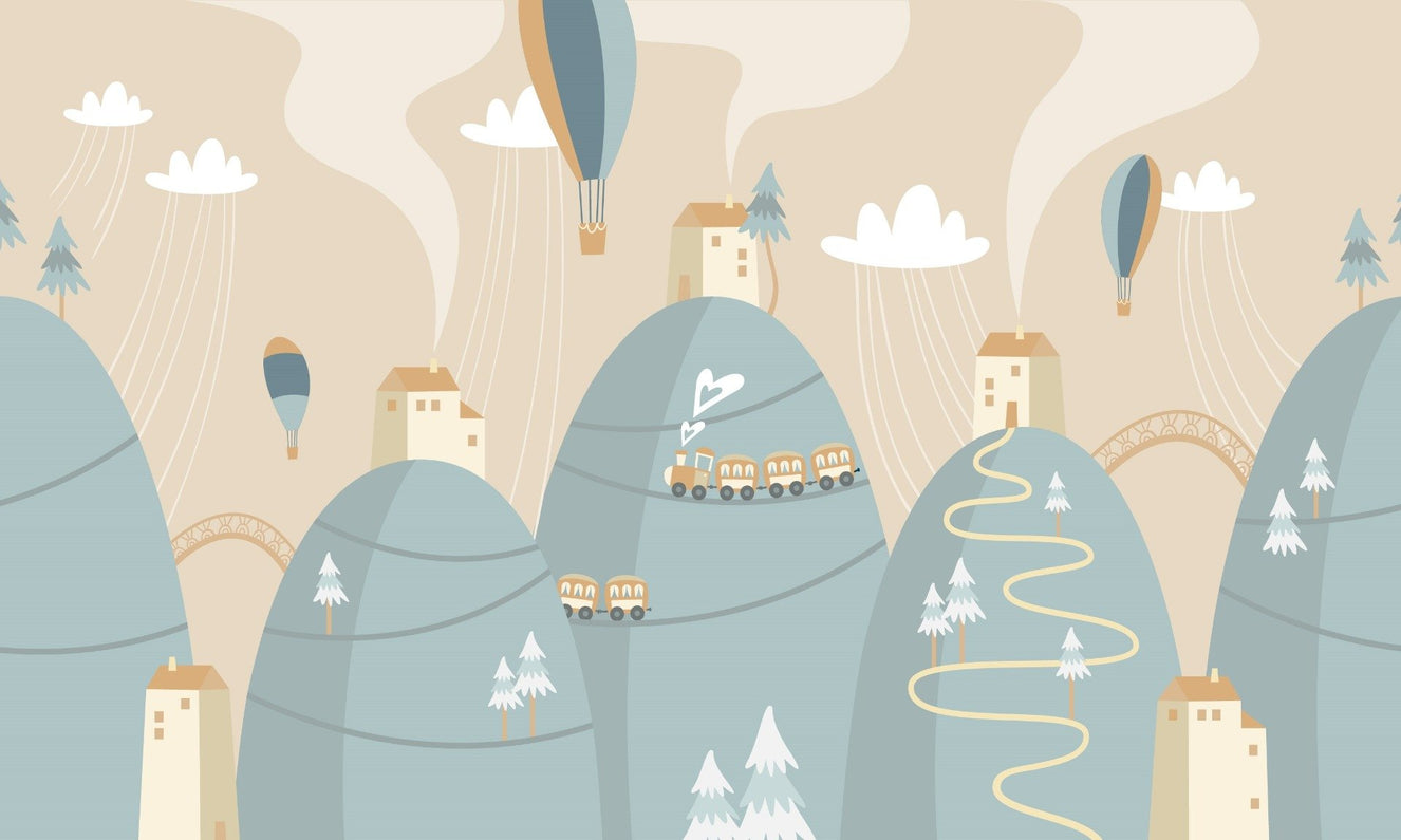 Playful Mountain with Houses Kids Dreamland Wallpaper