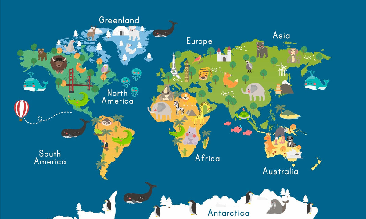 Kids World Map Blue Wallpaper Mural in your room — zoomed