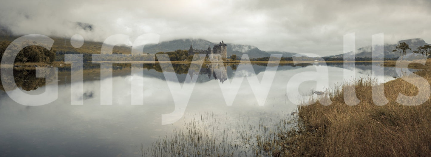 Castle mural of Kilchurn with picturesque lake reflection

