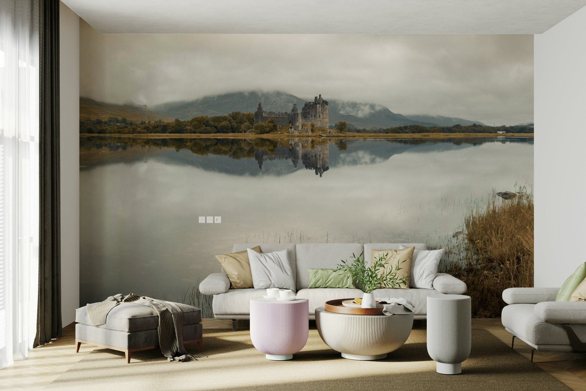 Serene Kilchurn Castle mural with misty mountain backdrop

