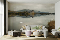 Serene Kilchurn Castle mural with misty mountain backdrop

