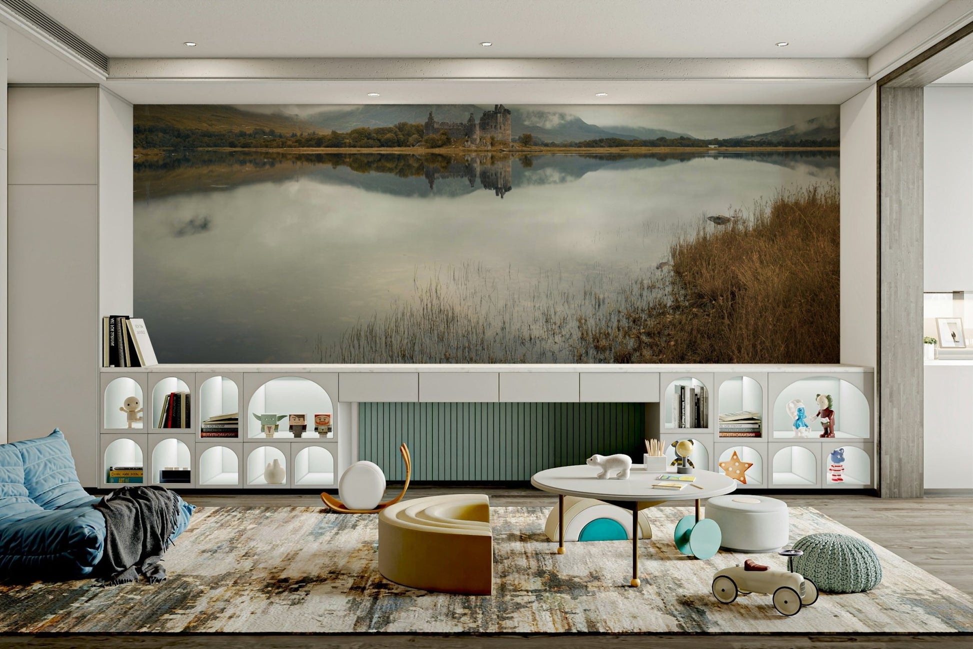 Scottish Kilchurn Castle mural with mist and mountain view

