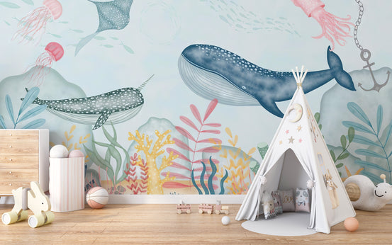 Killer whale ocean mural with bright colors