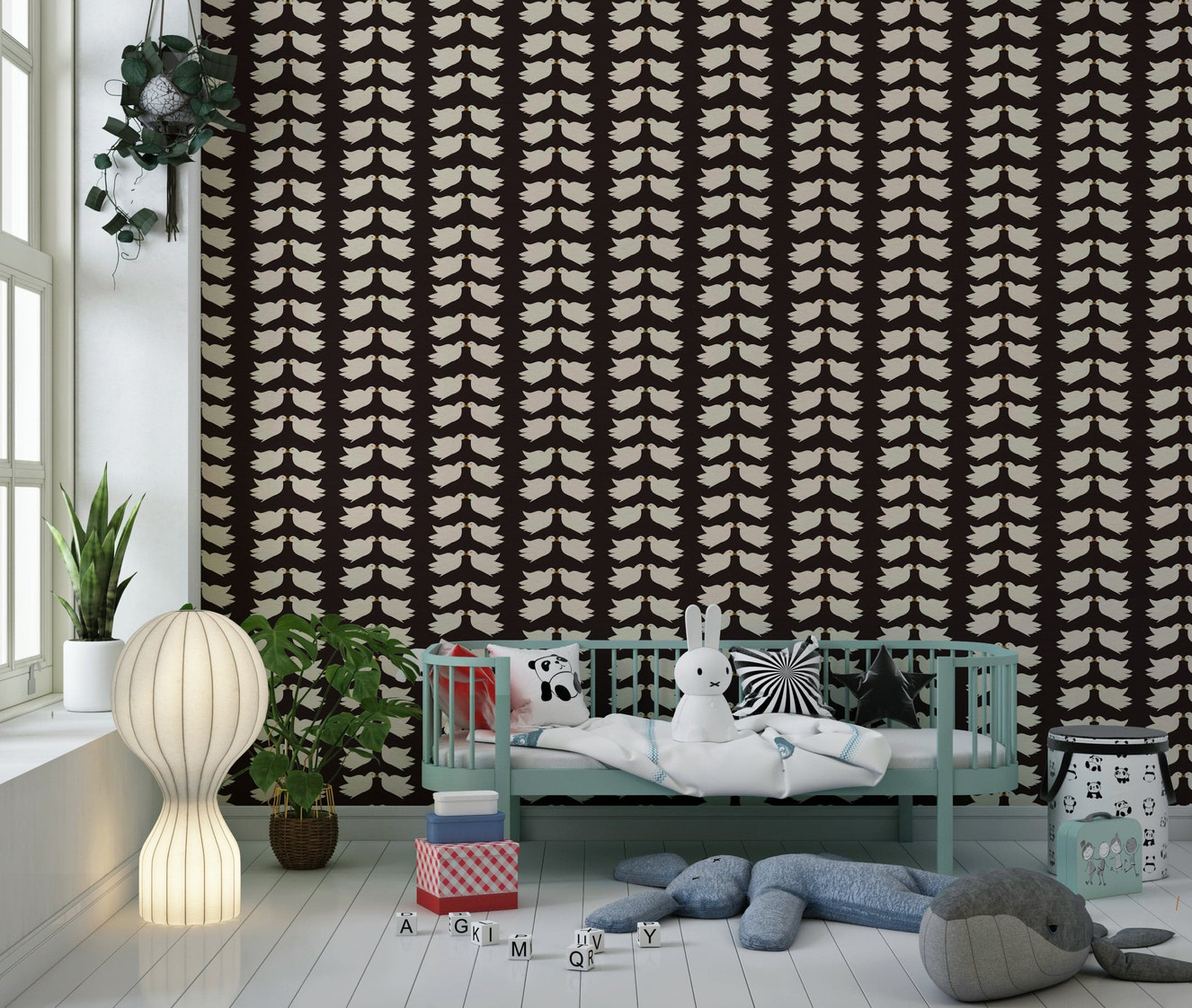 Adorable Kissing Doves wallpaper pattern, cream birds on dark backdrop.