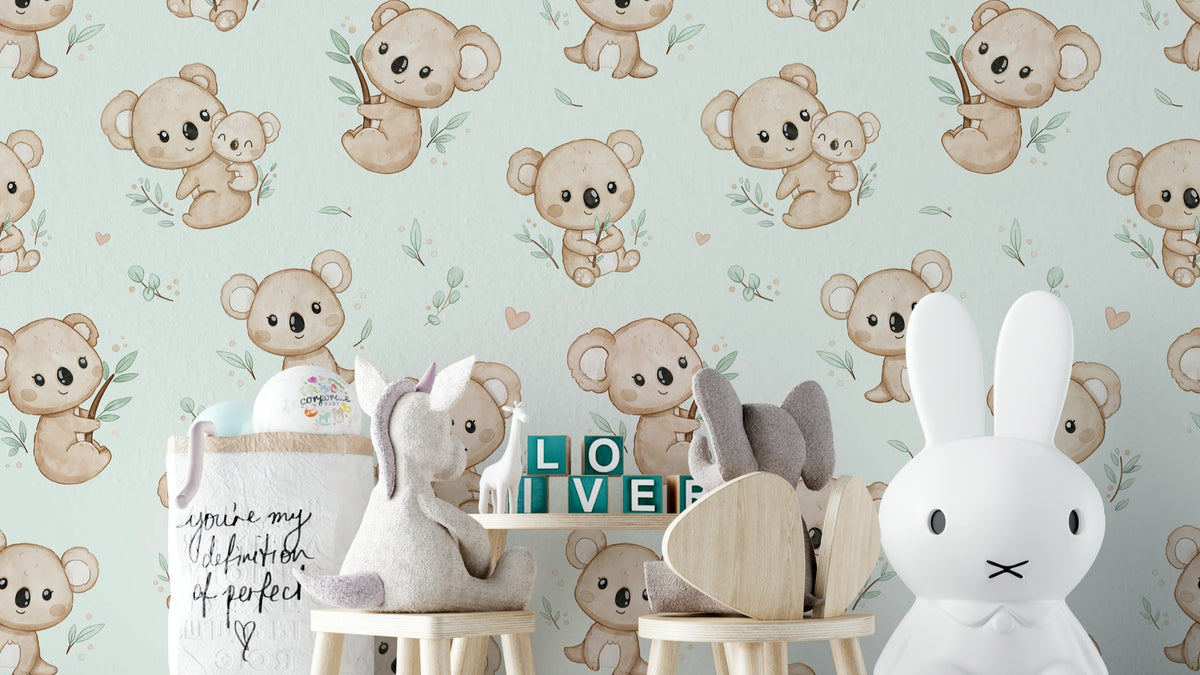 Koala Cuddles mint wallpaper in a kids playroom with plush toys, wooden LOVE blocks and a Miffy bunny lamp