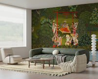 Entryway feature wall with garden-themed wallpaper, floral greenery and modern finish