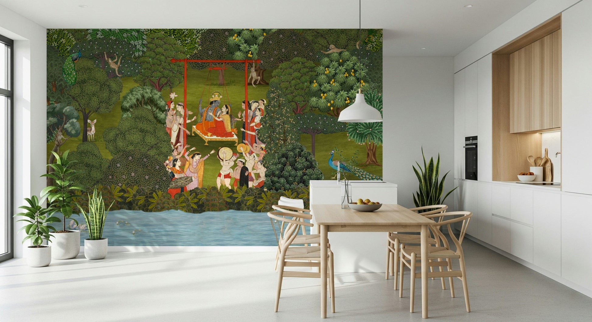 Reception wall with garden swing mural, modern home styling and nature artwork
