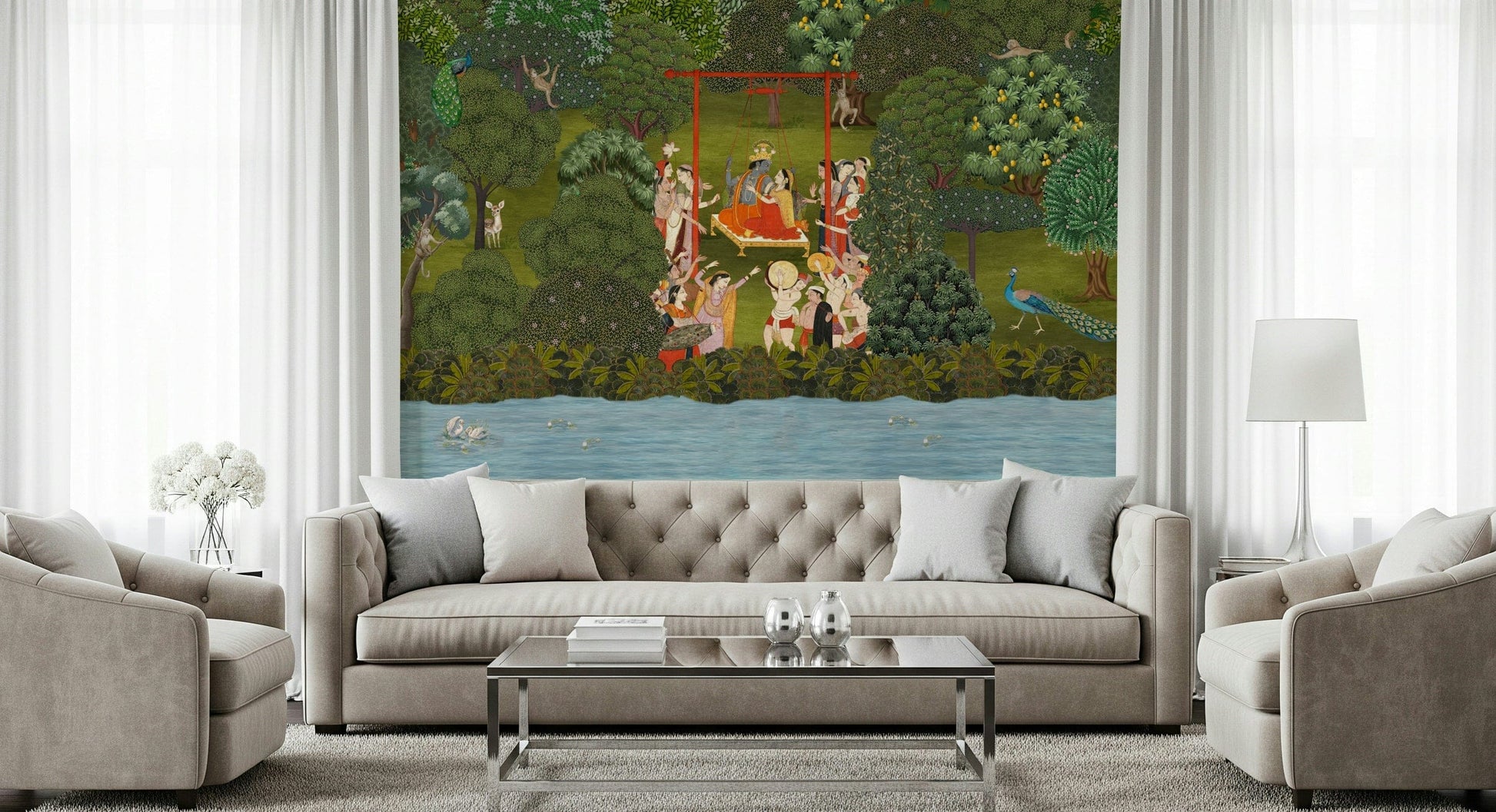 TV wall with Krishna's Garden Swing mural, calm garden scene and soft colour tones