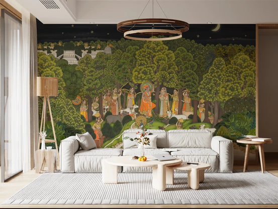 Krishna's Enchanted Forest Night wall mural in living room setting